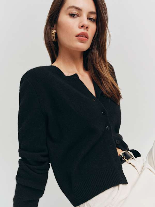Clara Cashmere Crew Cardigan - Black